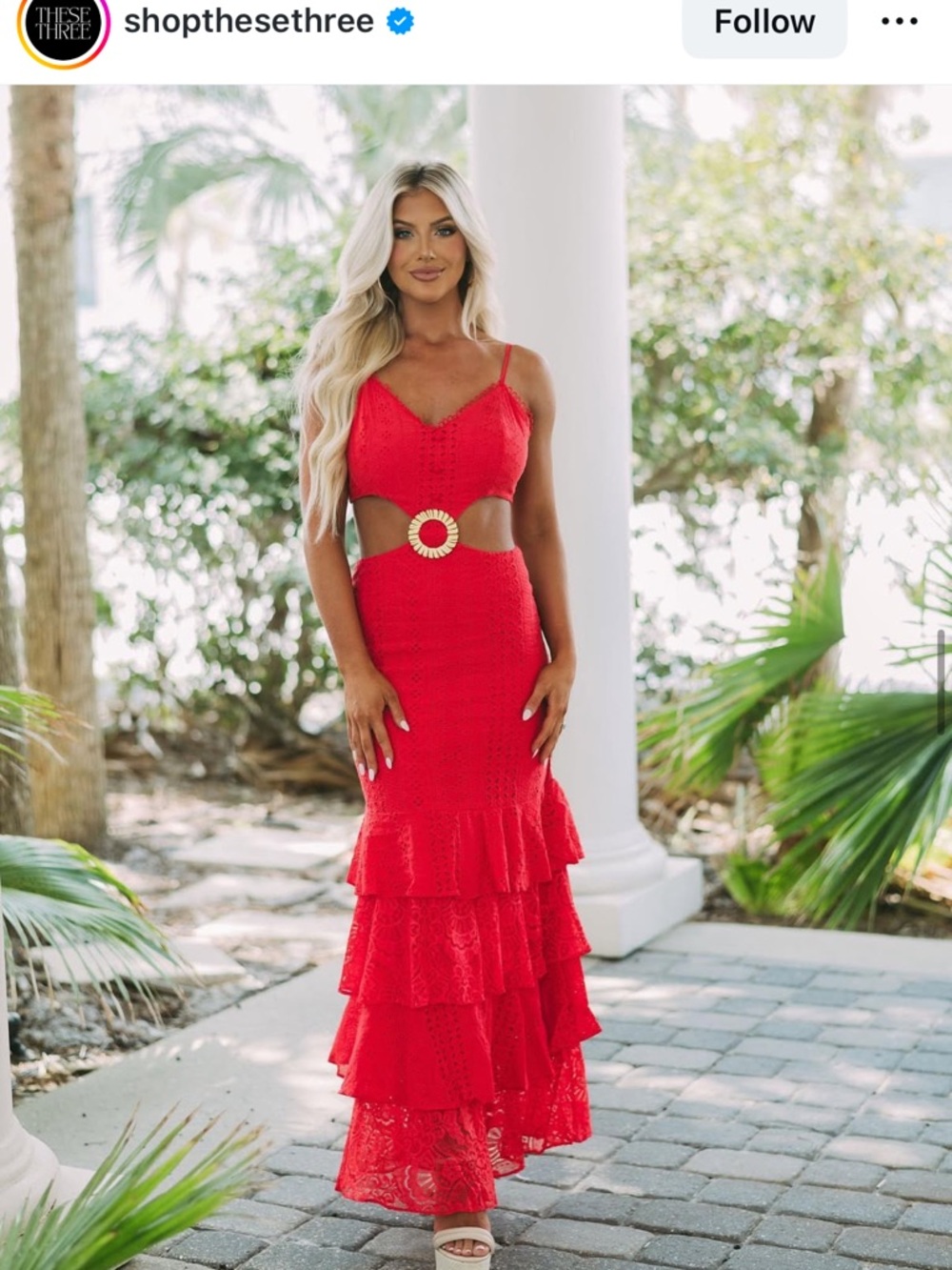 Red Lace Cutout Maxi Dress with Decorative Ring Detail